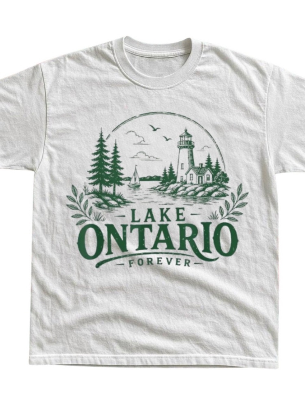 Ontario White Short Sleeve Tee with Green Lake Ontario Graphic